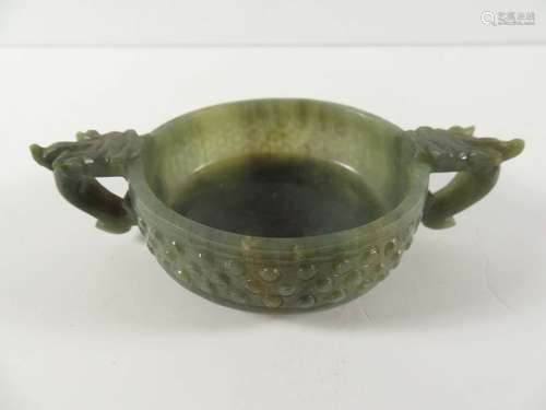 Chinese Jade Archaic Dragon Handled Bowl