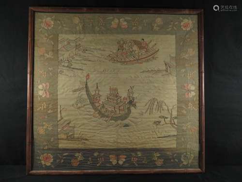 Chinese H/C Embroidered Panel Scene With Boats