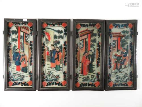 Chinese Reverse Painting Glass 4 Panel Screen