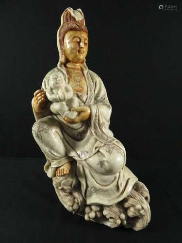 Chinese Alabaster Sculpture Guanyin And Child