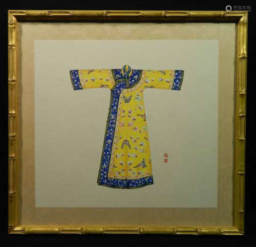 20th C Chinese W/C Silk Robe Signed Peng Wei?