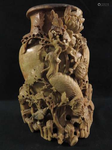 Asian Chinese Soapstone Vase with Bird and Flowers