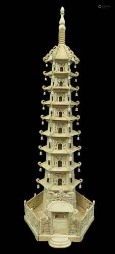 Chinese Finely Carved Ivory Pagoda Tower 8 Stories