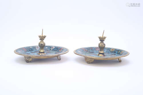 A Pair of Chinese Cloisonné Candle Plates with Holder