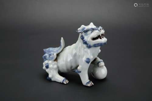 A Chinese Blue and White Porcelain Foo Dog Decoration