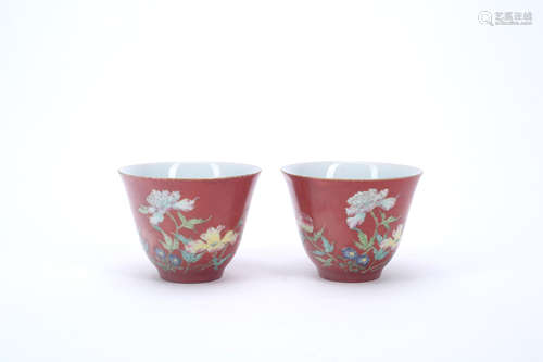 A Pair of Chinese Red Ground Famille-Rose Porcelain Cups