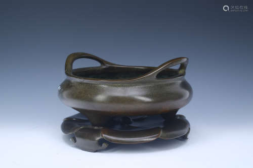 A Chinese Bronze Incense Burner with Base