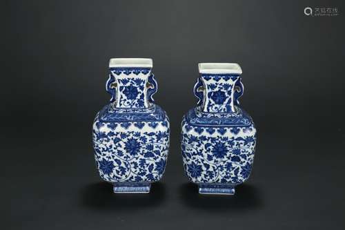 A Pair of Chinese Blue and White Porcelain Square Vases