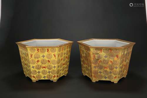 A Pair of Chinese Yellow Glazed Porcelain Planters