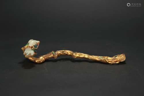 A Chinese Gilt Bronze Ruyi with Jade Inlaid