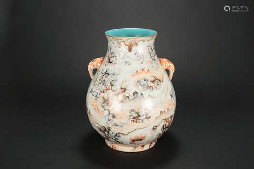 A Chinese Famille-Rose Double-Ear Porcelain Vase