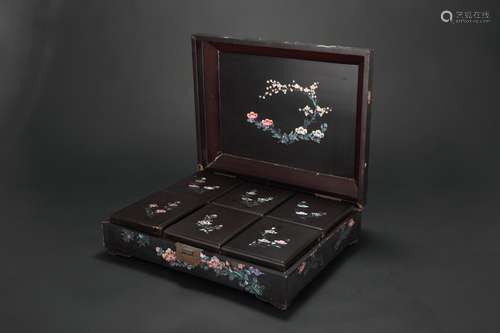 A Set of Chinese Carved Wood Boxes with Pearl Inlaid