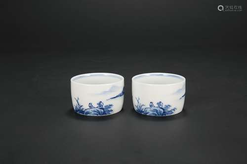 A Pair of Chinese Blue and White Porcelain Cups