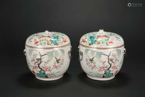 A Pair of Chinese Famille-Rose Porcelain Jars with Covers