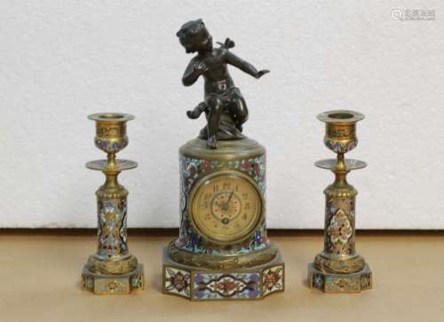 Set of 19th C. Bronze & Enamel Clock Set