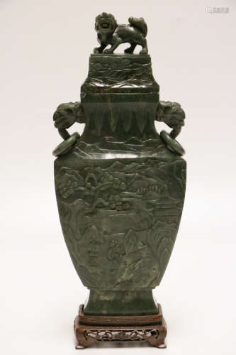 19th C. Chinese Spinach Jade Carved Vase w/ Stand