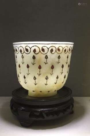 Chinese Mughal Hindustan  Jade Cup with Wood Stan