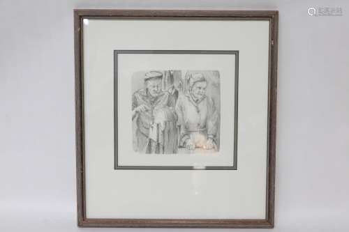 Pencil Drawing on Paper w/ Frame of Two Couple