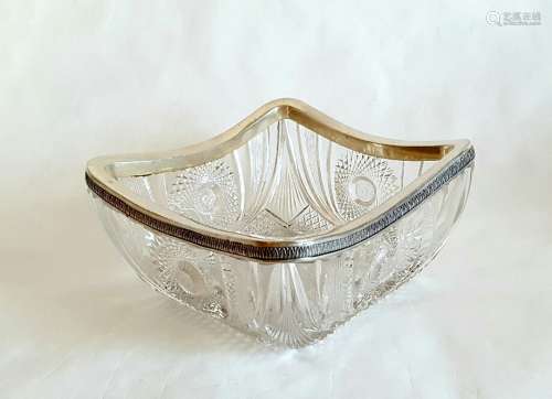 Antique Russian Cut Crystal Silver Bowl