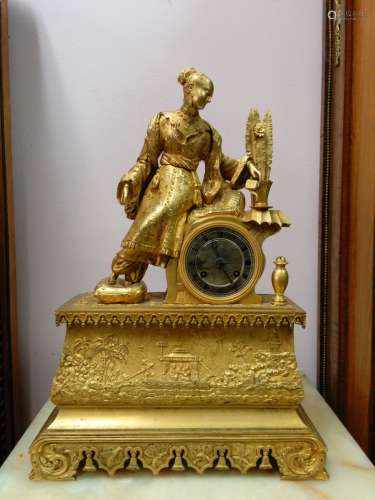 20th C. European Dore Bronze Clock w/ Beauty