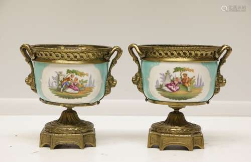 Pair of Small Porcelain Vases on a Bronze Stand