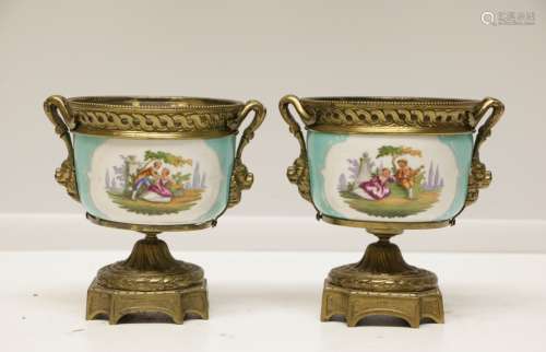 Pair of Small Porcelain Vases on a Bronze Stand