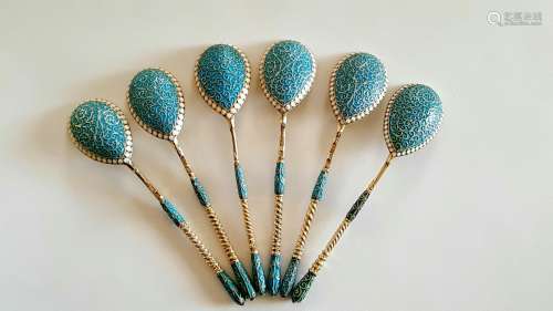 Antique Russian Gilt Silver Enamel Set Spoons