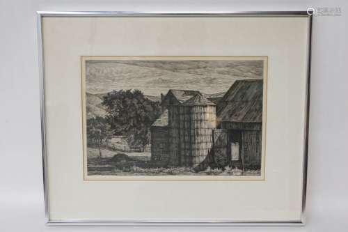 Painting of Pencil Drawing of a Farm Scene, Signed