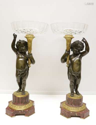 Pair of Bronze Cherubs on Marble Stands