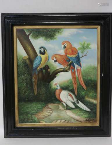 Oil on Canvas of 3 Parrots and Turkey