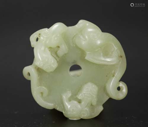 Chinese Carved Jade Plaque w/ Two Chilong