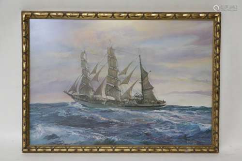 Print w/ Frame of Big Sailing Boat, Signed