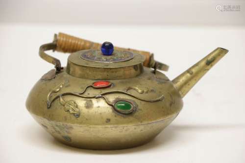 Chinese Pewter Teapot w/ Bronze Overlaid & Enamele