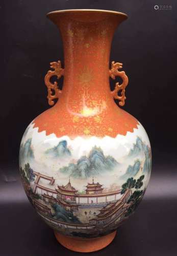 Chinese Iron Red w/ Gilt Tracery Famille Rose Vase