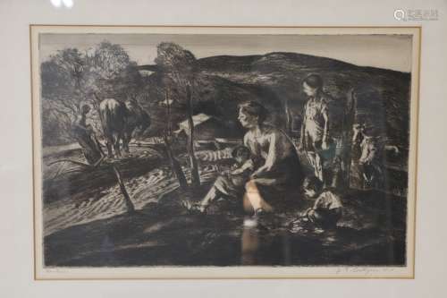 Drawing on Paper w/ Frame of Farmer family, Signed