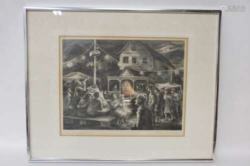 Pencil Drawing of a Party in Little Town, Signed