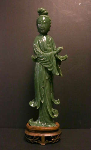 Chinese Magnificent Spinach Jade Carving of Beauty