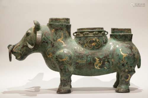 Chinese Archaic Bronze Bull w/ Gilt & Silver