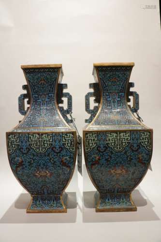 Pair of 18/19th C. Cloisonne Bronze Square Vases