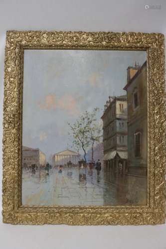 Oil on Canvas Painting of a Street Scene, Signed