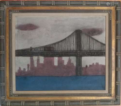 Oil on canvas of the Manhattan Bridge,signed.