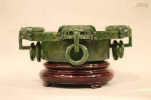 Chinese Spinach Jade Carved Washer w/ Stand