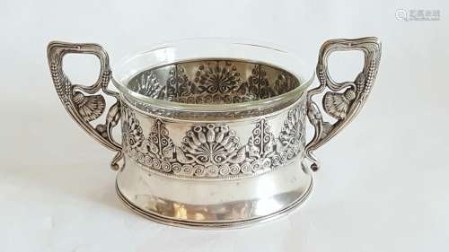 Antique Russian Silver Glass Twin Handle Bowl
