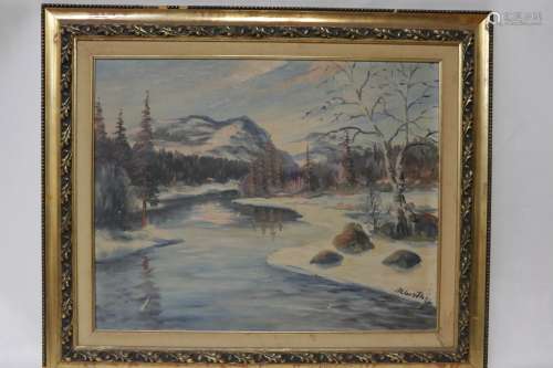 Oil on Canvas Painting of a Snow Scene and Signed