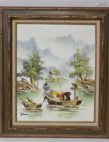 Oil on Canvas of Fishing Boat and Water Scene