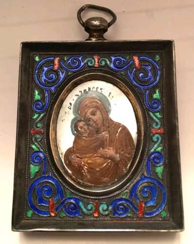 Antique Silver Enamel 19c Russian Icon