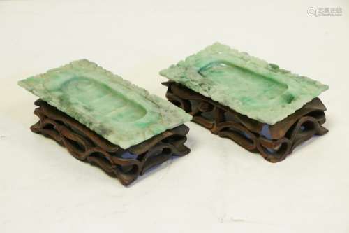 Pair of Chinese Jade Carved Brush Washer w/ Stands