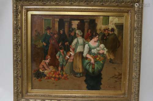 Oil on Board Painting of a Street Market, Signed