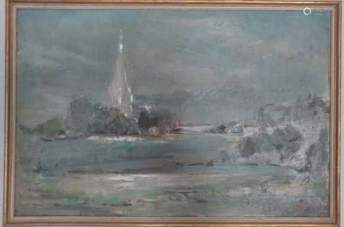 Antique oil on canvas of the seascape signed