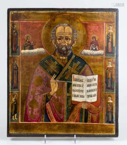 Antique 19c Russian icon of st.Nicholas with 6 sai
